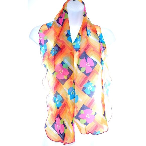 Day Glo Mod Floral Scarf Sheer Geometric Pink Blue Flowers Orange Yellow Red - Picture 2 of 4